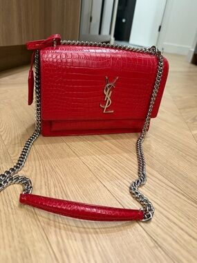 Saint Laurent Red Croc-Embossed Sunset Bag